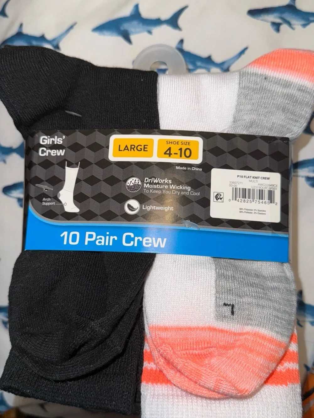 Athletic Works Girls' Crew Socks - Black & Pink/White Stripe (10 Pair)